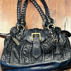 Black Braided Leather Satchel Bag with Tassels - Unbranded